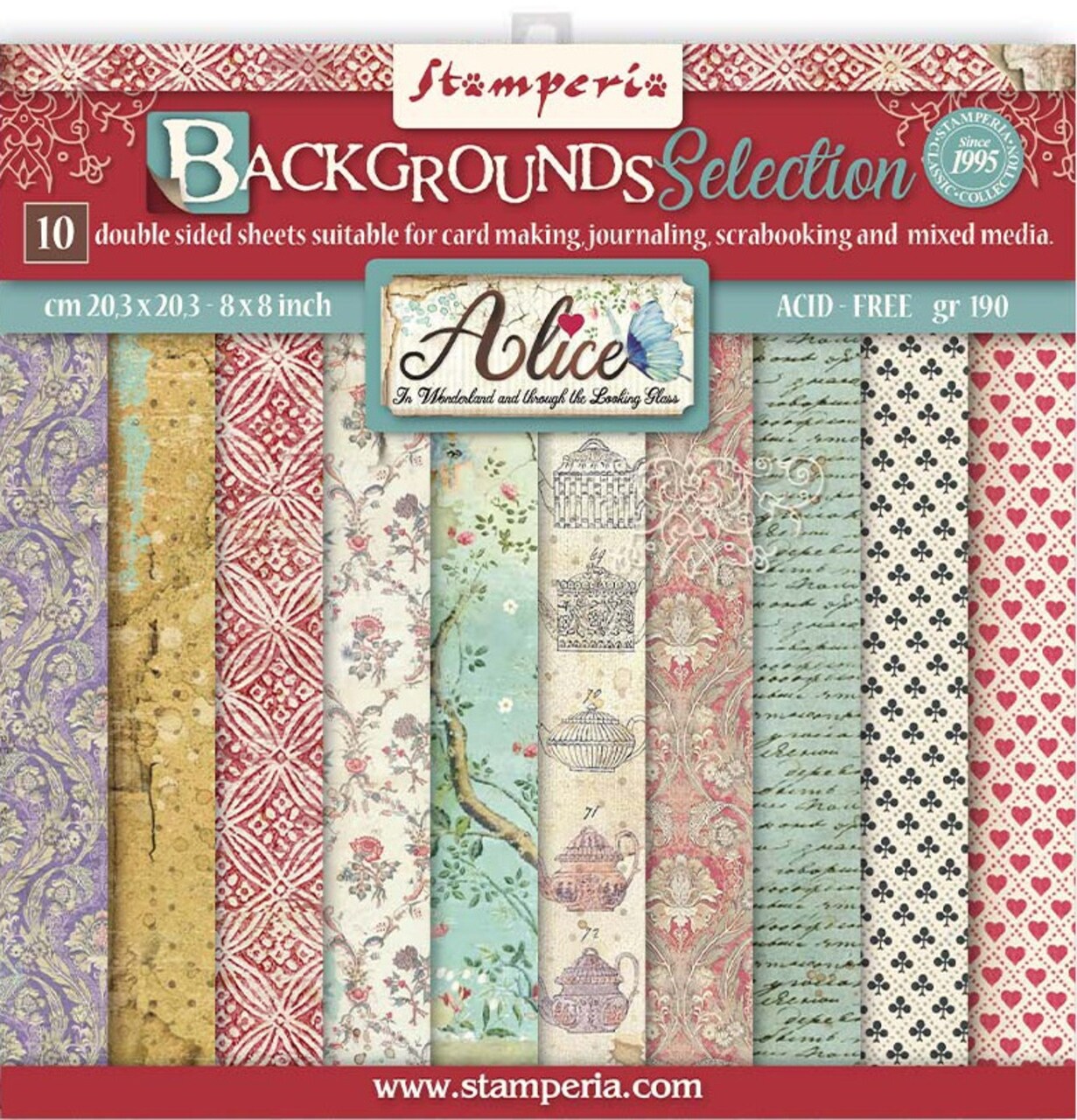 Stamperia Backgrounds Double-Sided Paper Pad 8"X8" 10/Pkg-Alice Through The Looking Glass